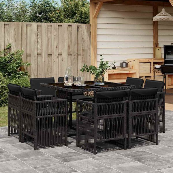 vidaXL 9 Piece Garden Dining Set with Cushions Black Poly Rattan