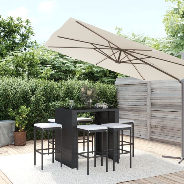 vidaXL 7 Piece Garden Bar Set with Cushions Black Poly Rattan