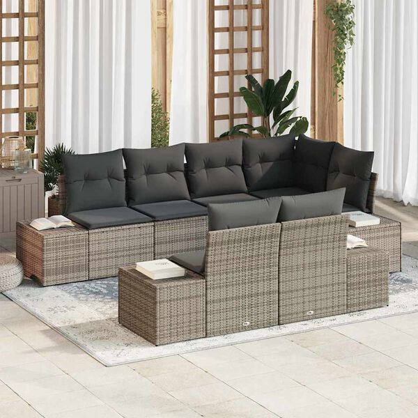 vidaXL Garden Sofa Set with Storage 7 pcs Grey Poly Rattan