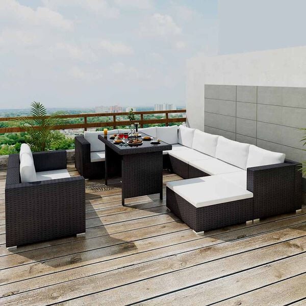 vidaXL 10 Piece Garden Lounge Set with Cushions Poly Rattan Black