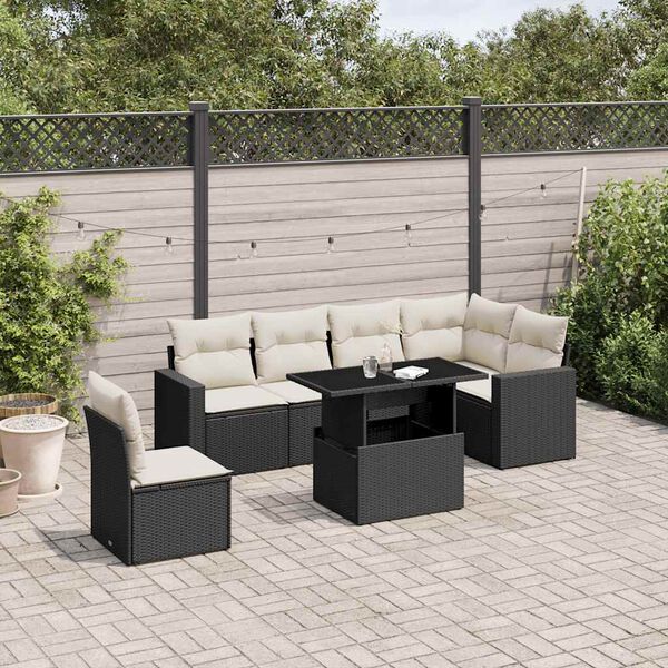 vidaXL 7 Piece Garden Sofa Set with Cushions Black Poly Rattan