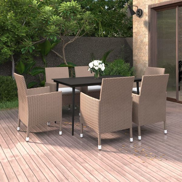 vidaXL 7 Piece Garden Dining Set with Cushions Poly Rattan and Glass