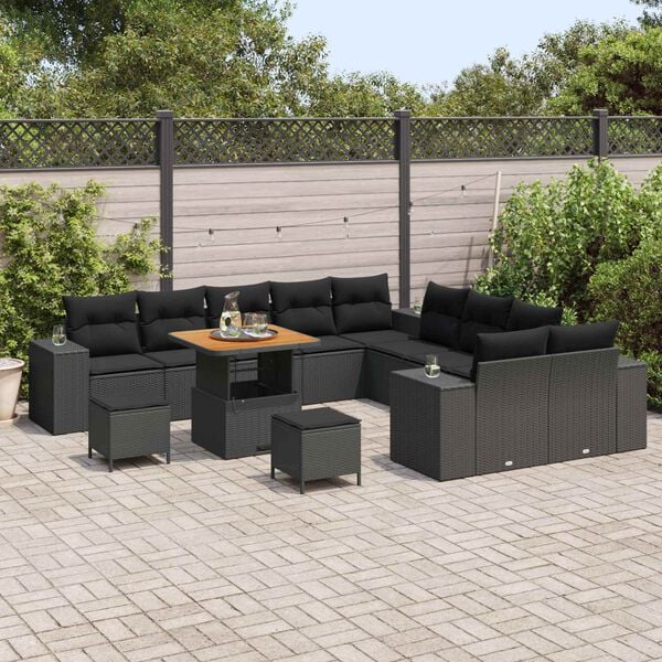 vidaXL Garden Sofa Set with Cushion 13 pcs Black Poly Rattan