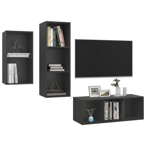 vidaXL 3 Piece TV Cabinet Set Grey Engineered Wood