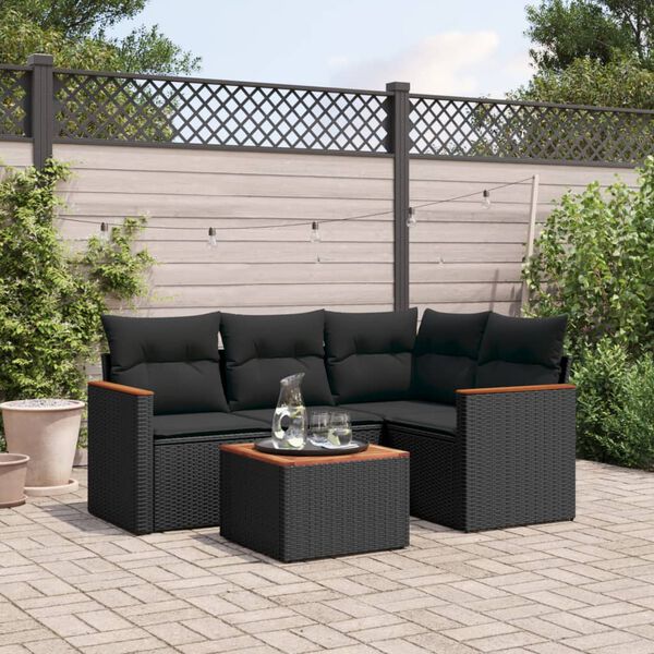 vidaXL 5 Piece Garden Sofa Set with Cushions Black Poly Rattan