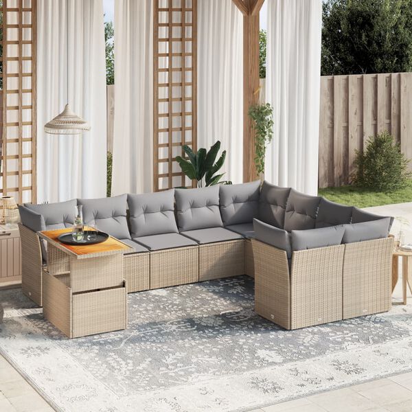 vidaXL 10 Piece Garden Sofa Set with Cushions Beige Poly Rattan