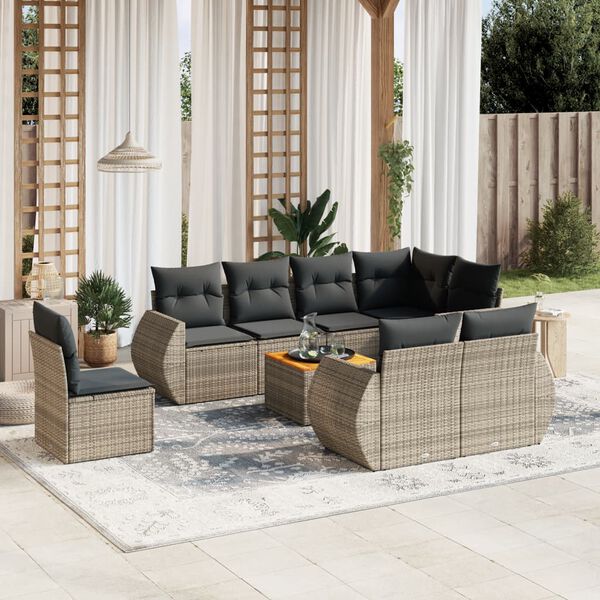 vidaXL 9 Piece Garden Sofa Set with Cushions Grey Poly Rattan