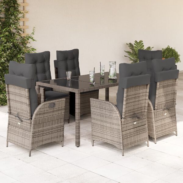 vidaXL 7 Piece Garden Dining Set with Cushions Grey Poly Rattan