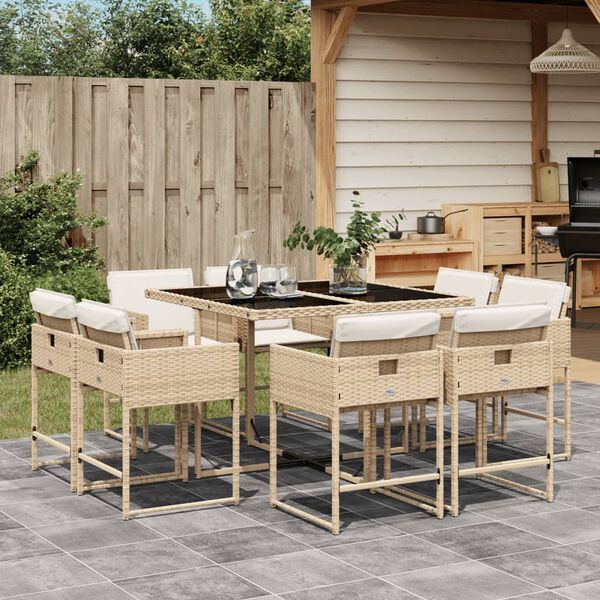 vidaXL 9 Piece Garden Dining Set with Cushions Beige Poly Rattan
