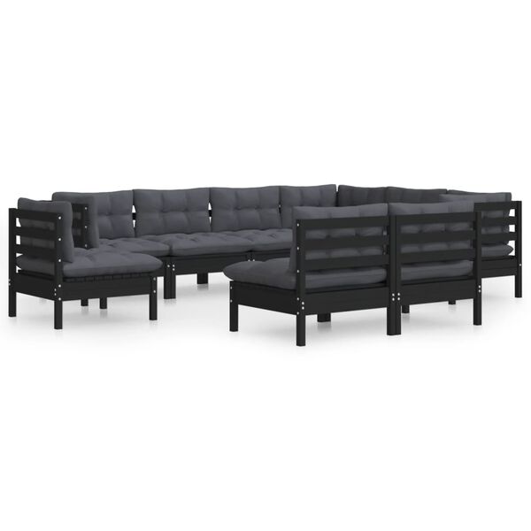vidaXL 9 Piece Garden Lounge Set with Cushions Black Solid Pinewood
