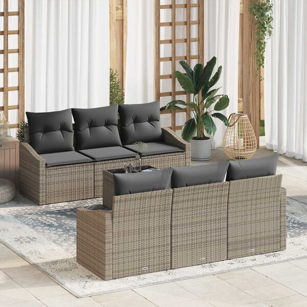 vidaXL Sofa Set with Cushion with Pillow 7 pcs Grey Poly Rattan