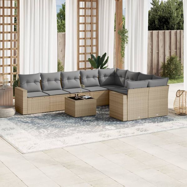 vidaXL 10 Piece Garden Sofa Set with Cushions Beige Poly Rattan
