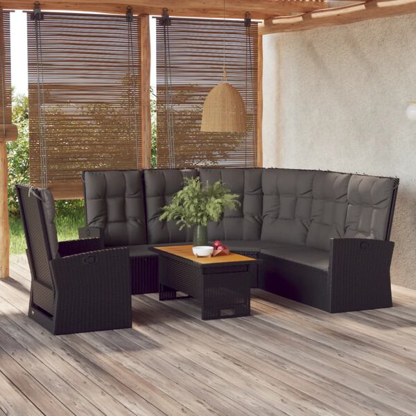 vidaXL 3 Piece Garden Lounge Set with Cushions Black Poly Rattan