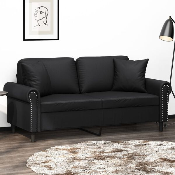 vidaXL 2-Seater Sofa with Pillows&Cushions Black 140 cm Faux Leather