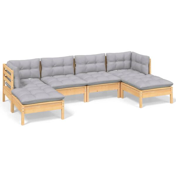 vidaXL 6 Piece Garden Lounge Set with Grey Cushions Pinewood
