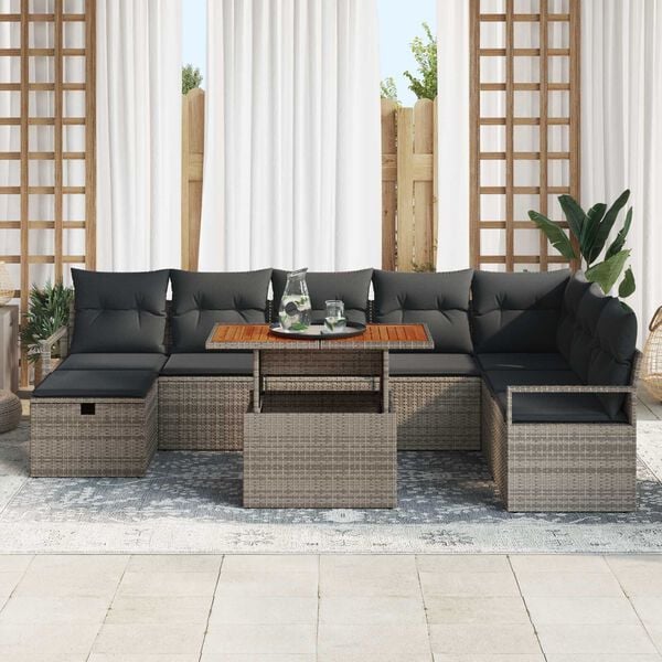 vidaXL Garden Sofa Set Height-Adjustable 9 pcs Grey Poly Rattan