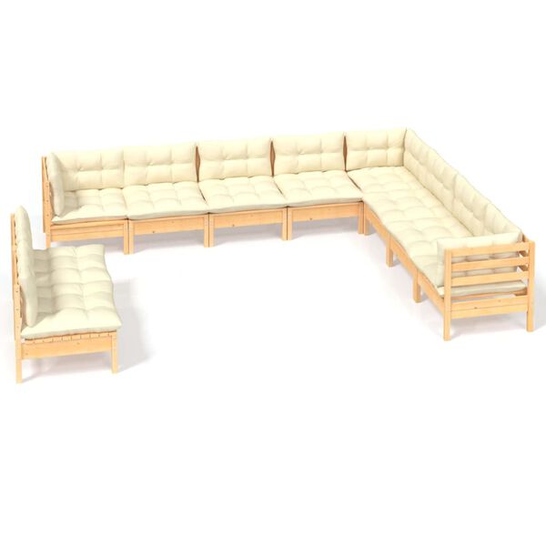 vidaXL 10 Piece Garden Lounge Set with Cream Cushions Solid Pinewood