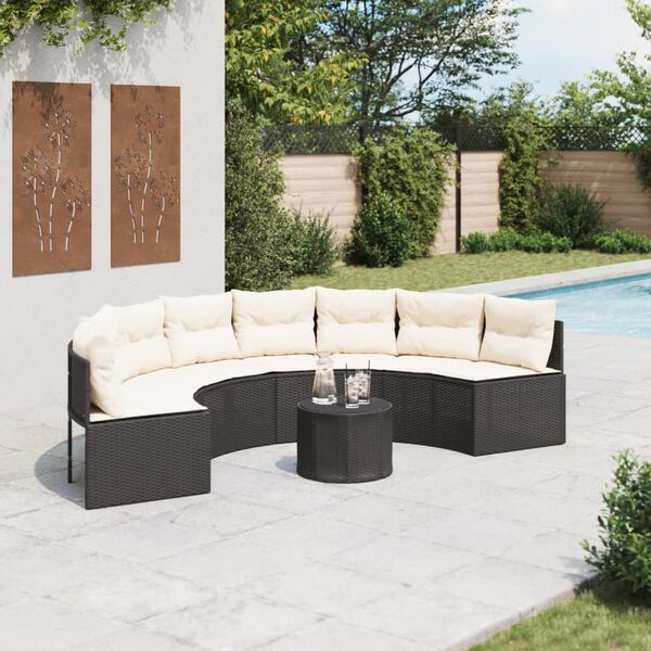 vidaXL Garden Sofa with Table and Cushions Half-Round Black Poly Rattan
