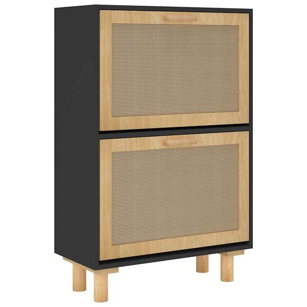 vidaXL Shoe Cabinet Black 52x25x80 cm Engineered Wood&Natural Rattan