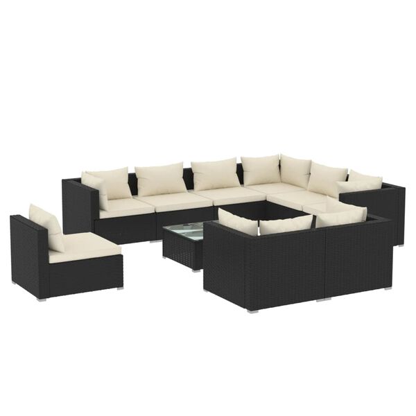 vidaXL 10 Piece Garden Lounge Set with Cushions Poly Rattan Black