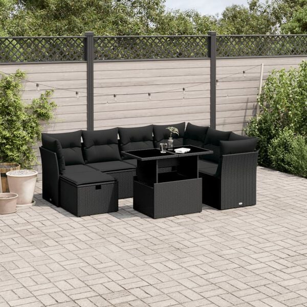 vidaXL 8 Piece Garden Sofa Set with Cushions Black Poly Rattan