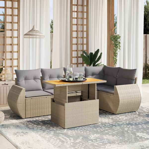 vidaXL 6 Piece Garden Sofa Set with Cushions Beige Poly Rattan