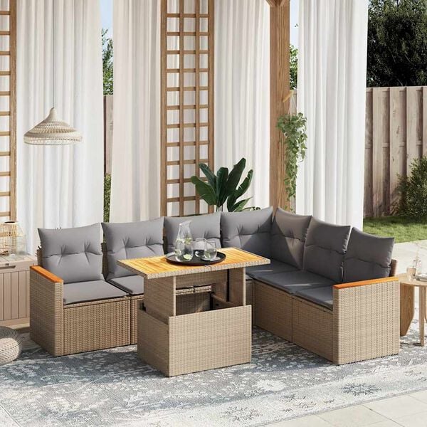 vidaXL 7 Piece Garden Sofa Set with Cushions Beige Poly Rattan