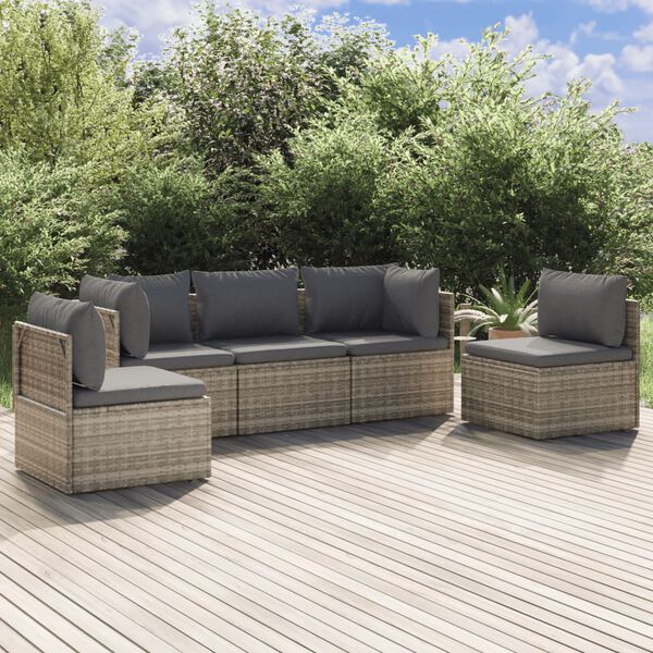 vidaXL 5 Piece Garden Lounge Set with Cushions Grey Poly Rattan