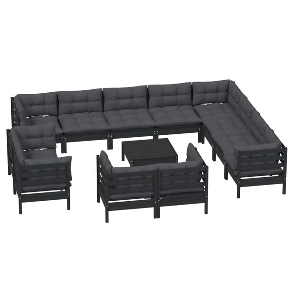 vidaXL 13 Piece Garden Lounge Set with Cushions Black Solid Pinewood