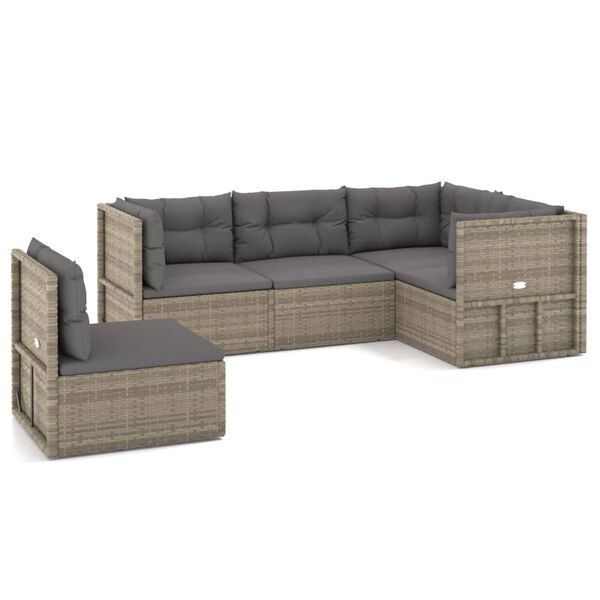 vidaXL 5 Piece Garden Lounge Set with Cushions Grey Poly Rattan