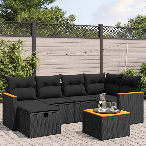 vidaXL 7 Piece Garden Sofa Set with Cushions Black Poly Rattan