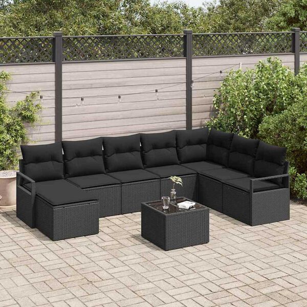 vidaXL Sofa Set with Cushion with Storage 9 pcs Black Poly Rattan