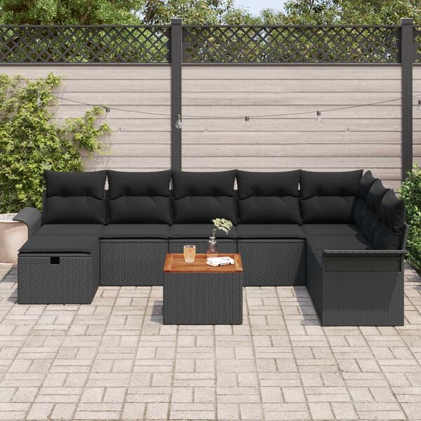 vidaXL Garden Sofa Set with Cushion 9 pcs Black Poly Rattan