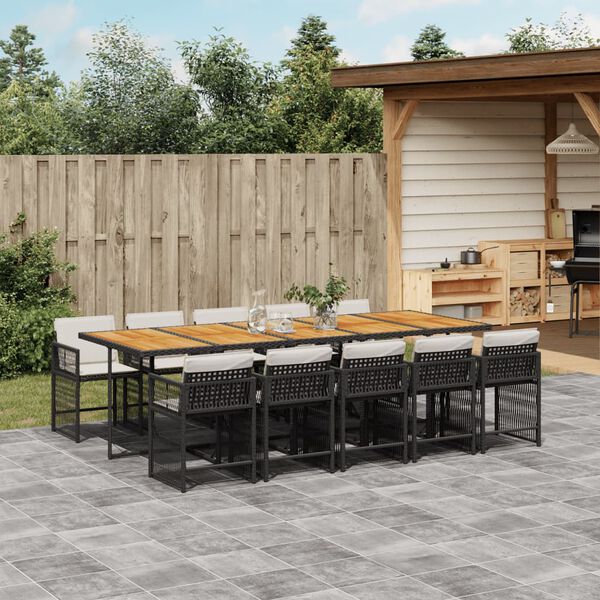 vidaXL 11 Piece Garden Dining Set with Cushions Black Poly Rattan