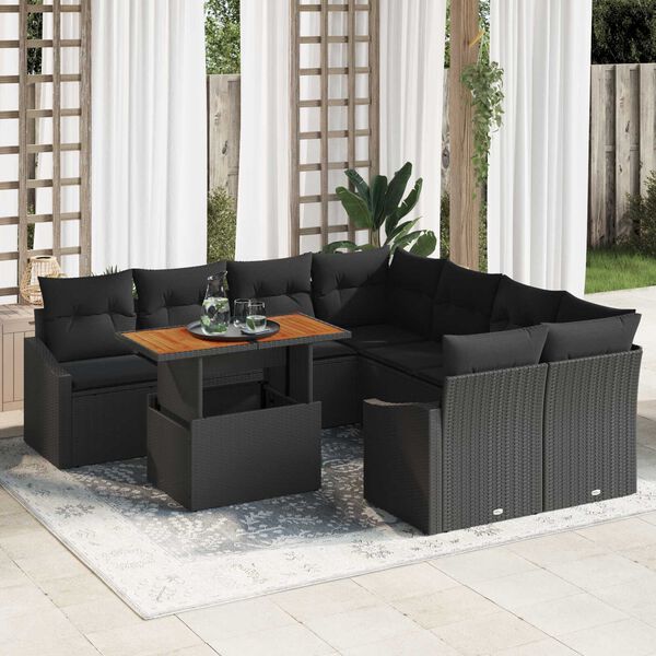 vidaXL Garden Sofa Set with Storage 9 pcs Black Poly rattan