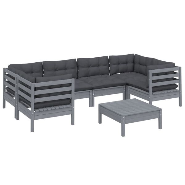 vidaXL 7 Piece Garden Lounge Set with Cushions Grey Pinewood