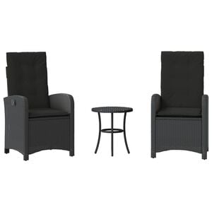 vidaXL 3 Piece Bistro Set with Cushions Black Poly Rattan