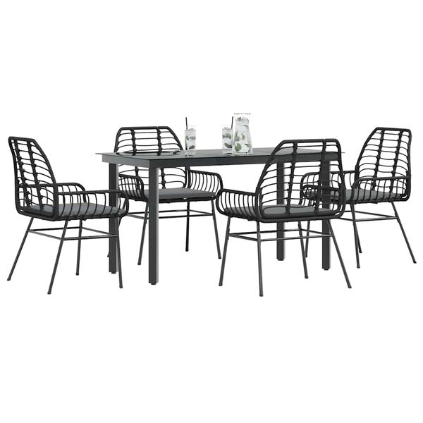 vidaXL 5 Piece Garden Dining Set with Cushions Black Poly Rattan Glass