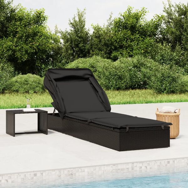 vidaXL Sunbed with Foldable Roof Black 213x63x97 cm Poly Rattan