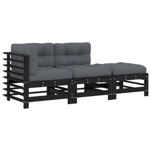 vidaXL 3 Piece Garden Lounge Set with Cushions Black Solid Wood