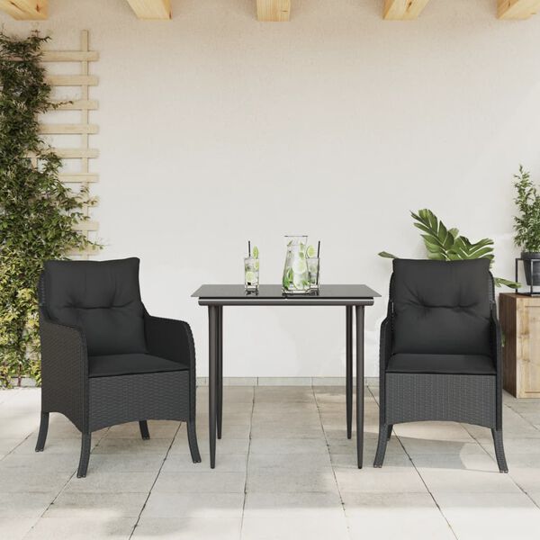vidaXL 3 Piece Garden Dining Set with Cushions Black Poly Rattan