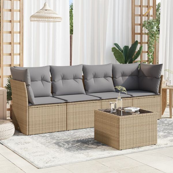 vidaXL 5 Piece Garden Sofa Set with Cushions Beige Poly Rattan