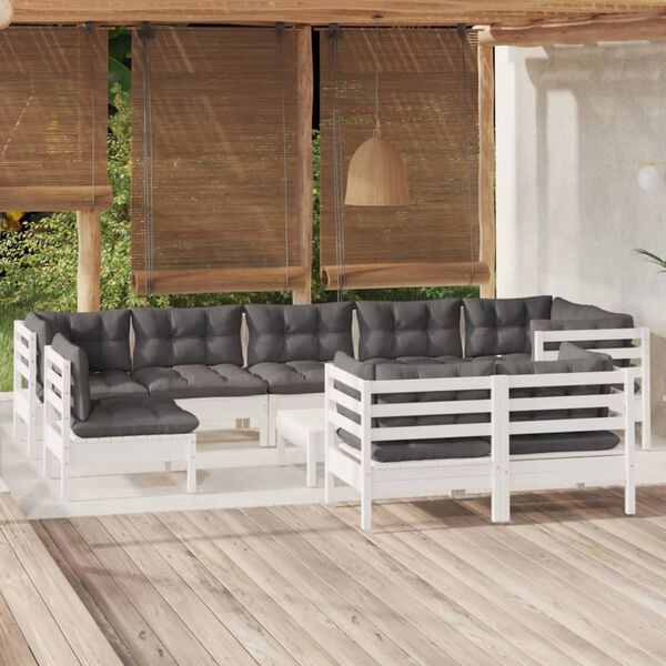 vidaXL 10 Piece Garden Lounge Set with Cushions White Solid Pinewood