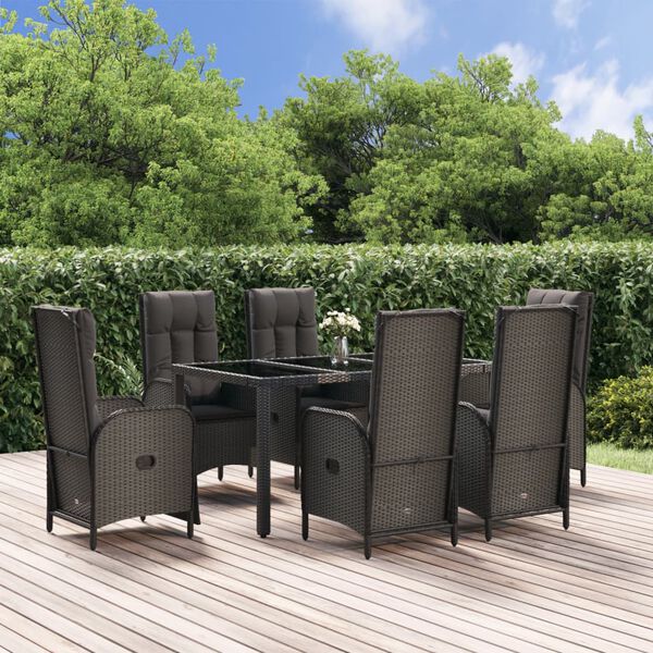 vidaXL 7 Piece Garden Dining Set with Cushions Black Poly Rattan