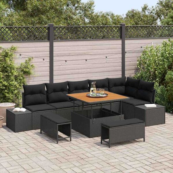 vidaXL Garden Sofa Set with Cushion 9 pcs Black Poly rattan