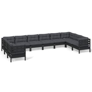 vidaXL 10 Piece Garden Lounge Set with Cushions Black Pinewood