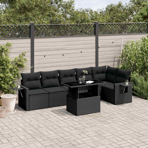 vidaXL 7 Piece Garden Sofa Set with Cushions Black Poly Rattan