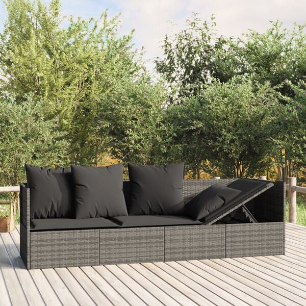 vidaXL Outdoor Lounge Bed with Cushions Grey Poly Rattan