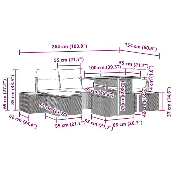 vidaXL Garden Sofa Set Height-Adjustable 7 pcs Black Poly Rattan