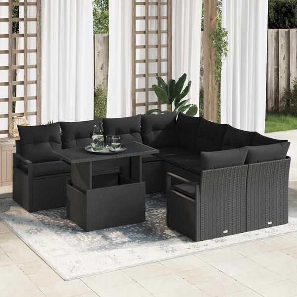 vidaXL Garden Sofa Set with Cushion 9 pcs Black Poly rattan